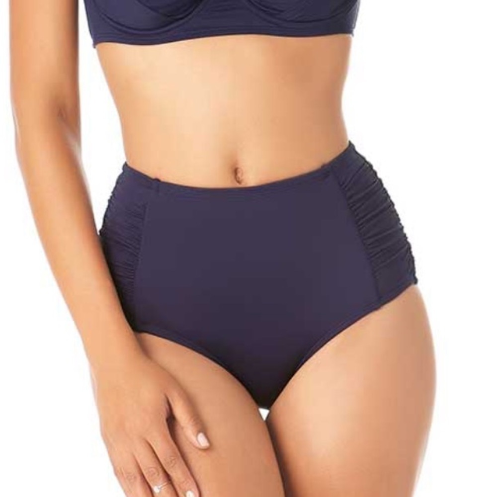 NWT Anne Cole Live In Color Side Shirred High Waist Bikini Bottoms Navy